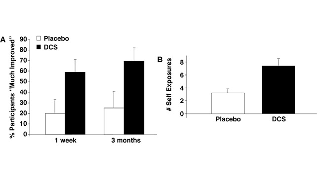 Researchers are testing new drug treatments for post-traumatic stress disorder and debilitating fears. People with a fear of heights who took the antibiotic D-cycloserine (DCS) were more likely to rate themselves as “much improved” (A) and more willing to expose themselves to heights (B).  