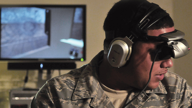 Soldier using virtual reality equipment