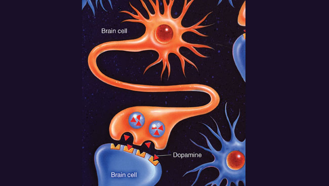 Illustration of dopamine molecules blocked from receptors