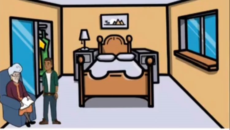 Animated characters sitting in a bed room