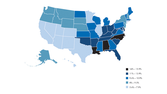 Map showing the rate of ADHD in the United States.