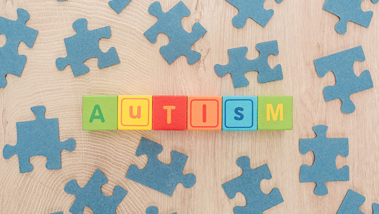 Blocks spelling out "Autism" around puzzle pieces on wood