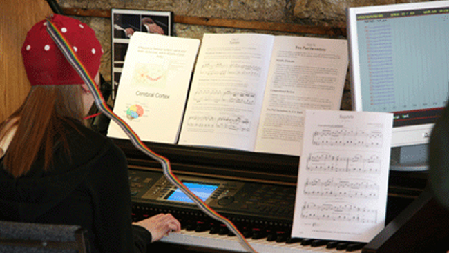 Girl with Electroencephalography Cap playing piano