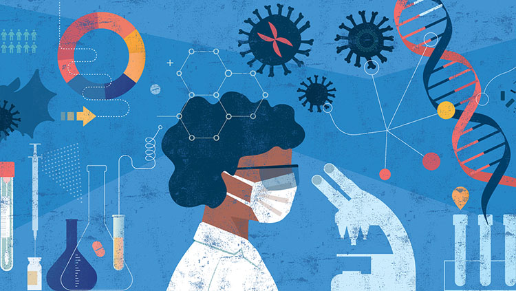 Black scientist looking in microscope