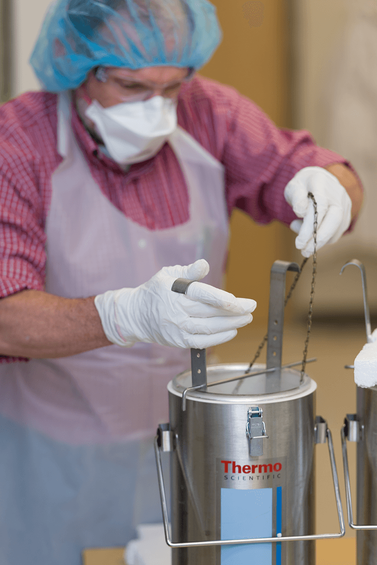 Researcher freezing samples of human brain tissue