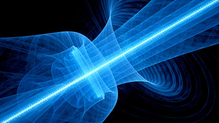 Blue glowing quantum laser in space with rippled beam