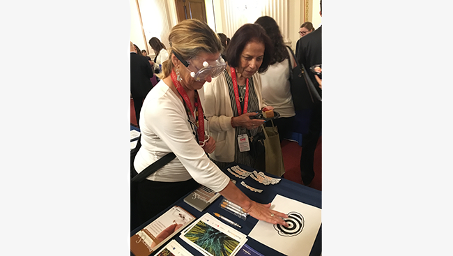 A Public Health Fair attendee dons a pair of vision-shifting goggles for an activity demonstrating the brain’s plasticity.