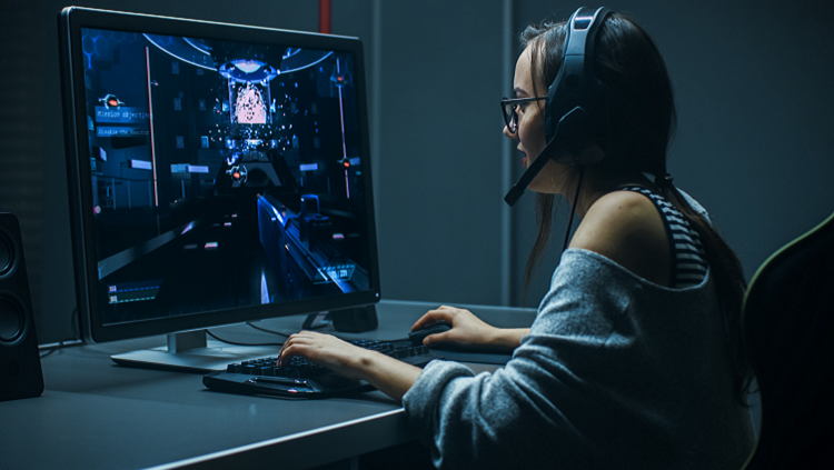 Photgraph of a woman sitting at a computer with a headset on