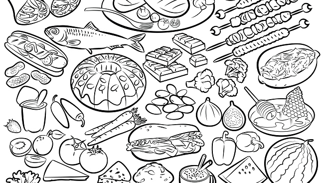 Line artwork illustrating food. 