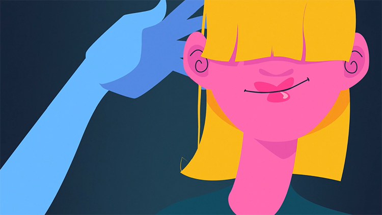 Blue hand grabbing pink person's hair