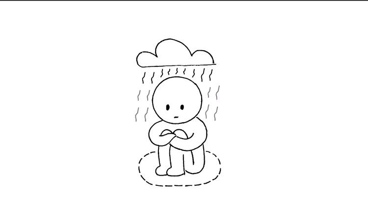 Character sitting under raincloud