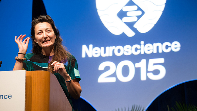 Photo of May-Britt Moser giving a Presidential Special Lecture at Neuroscience 2015, the annual meeting of the Society for Neuroscience.