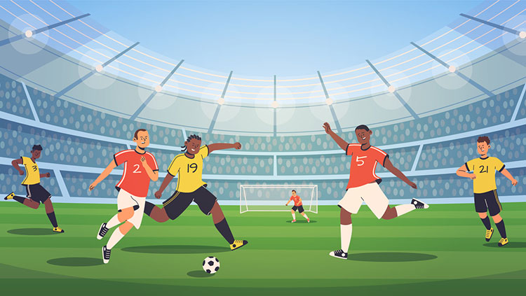 Animated soccer players on a soccer field