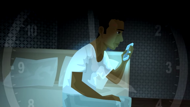 Illustration of man sitting on bed looking at his smartphone.