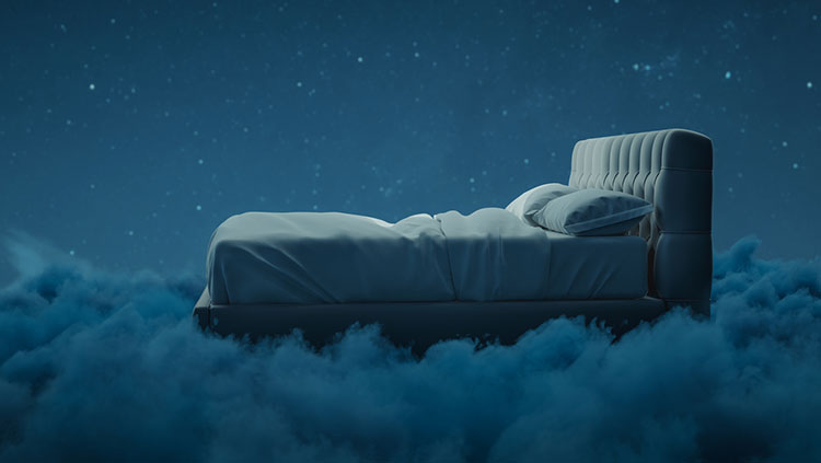 Blue bed in the clouds