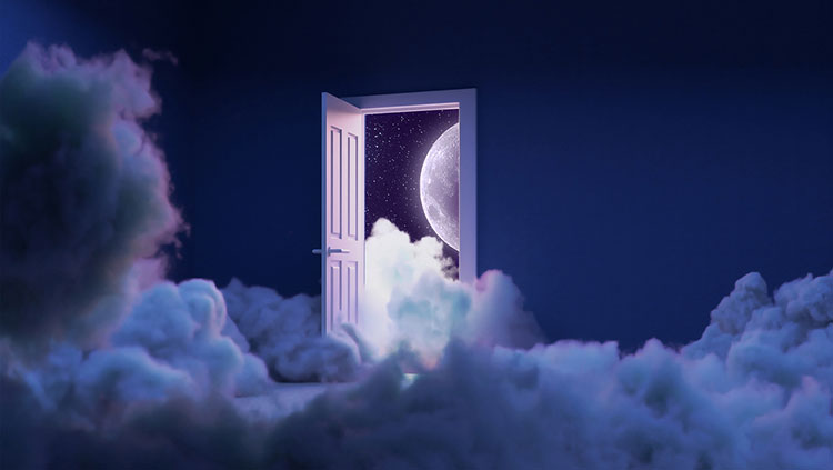 Open door surrounded by purple clouds