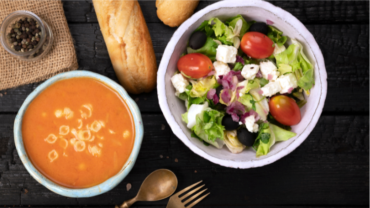 Soup and salad with bread