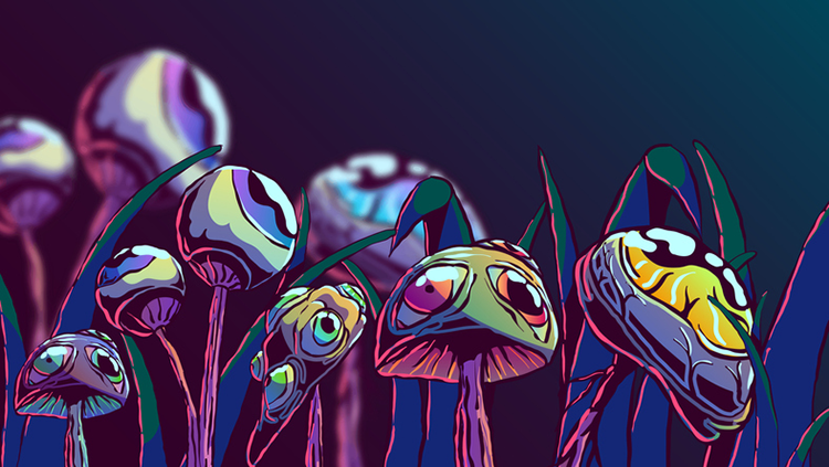 Illustration of purple mushrooms