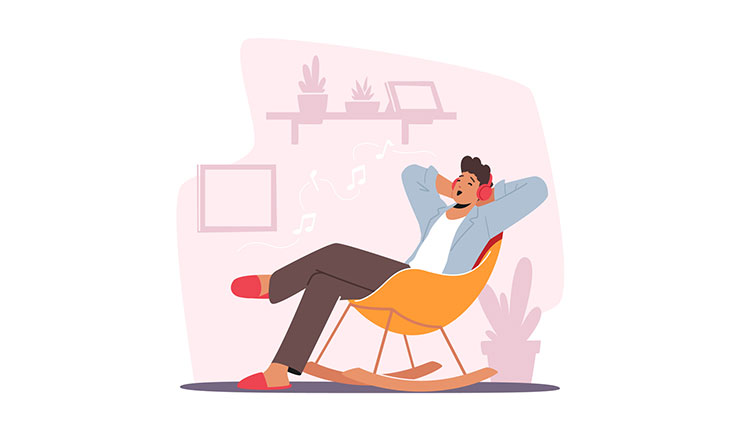 Animated man relaxing in chair with headphones